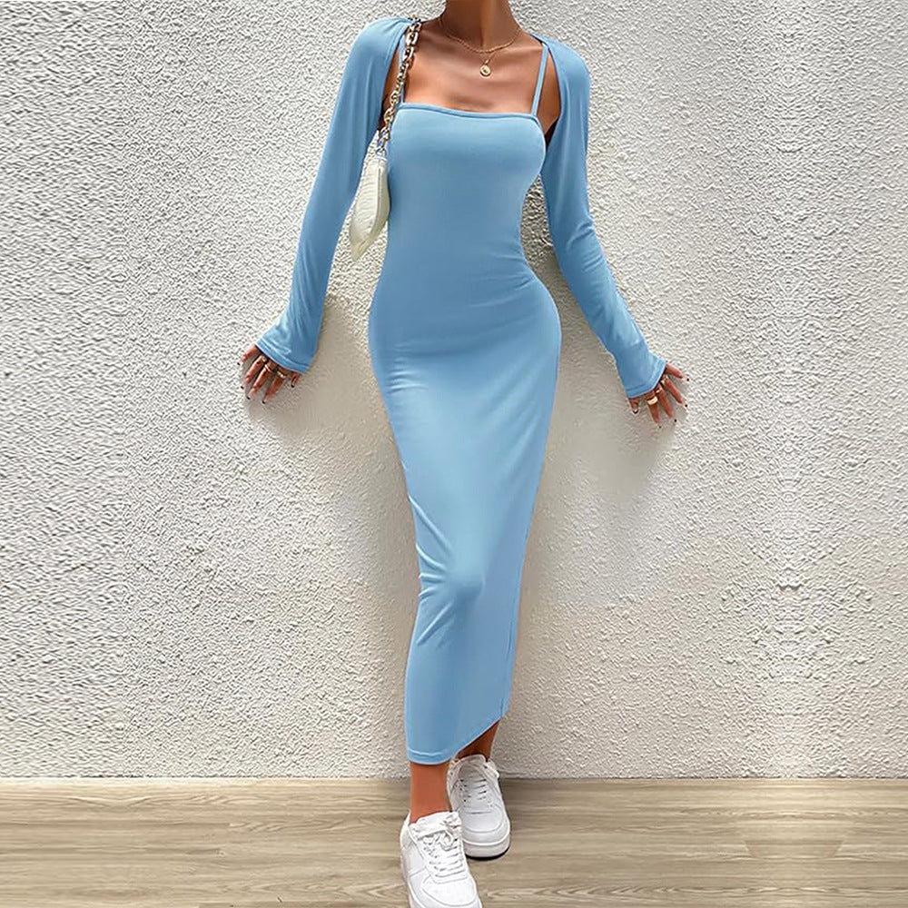 Damen schlankes Maxikleid mit Spaghettiträgern und abnehmbaren Bolero-Ärmeln Nord Taschen