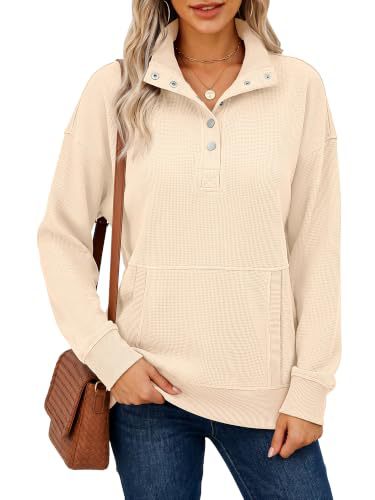 Damen Waffelstrick-Pullover mit Stehkragen, Druckknopfleiste und Kängurutasche Nord Taschen