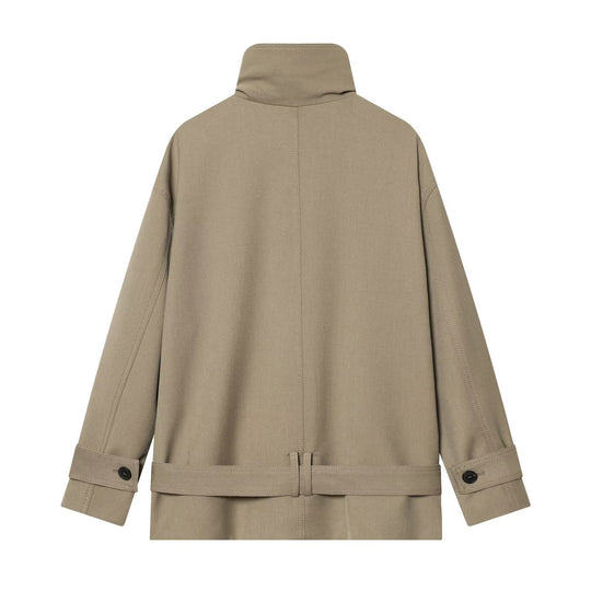 Damen Kurztrench mit hohem Stehkragen, doppelreihiger Knopfleiste und Taillengürtel Nord Taschen