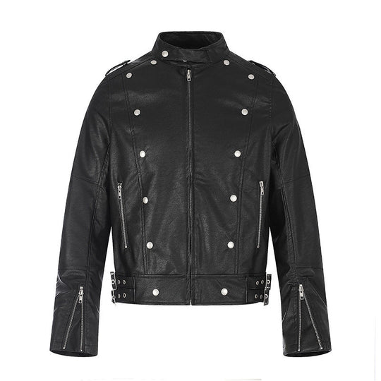 Damen Kurz geschnittene Lederoptik-Bikerjacke mit Stehkragen, Zierdruckknöpfen und Seitenriemen Nord Taschen