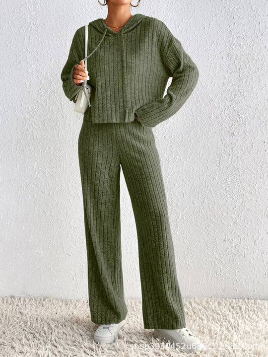 Damen Geripptes Kuschel-Lounge-Set aus Chenille mit Kapuzenpullover und weitem Hosenbein Nord Taschen