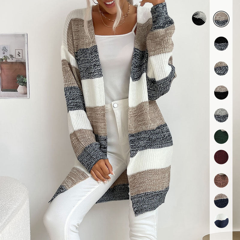 Damen Longline Strickcardigan mit breiten Blockstreifen, offener Front und überschnittener Schulter Nord Taschen