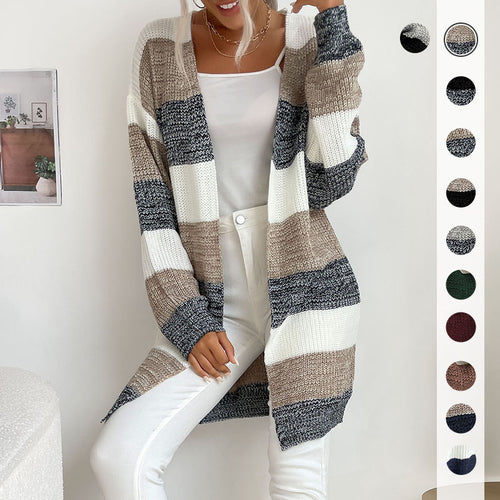 Damen Longline Strickcardigan mit breiten Blockstreifen, offener Front und überschnittener Schulter Nord Taschen