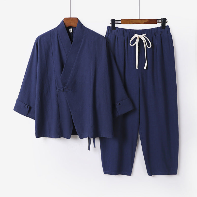 Herren Atmungsaktives Leinen-Baumwoll Lounge-Set mit asymmetrischem V-Kragen und elastischer Kordelhose Nord Taschen