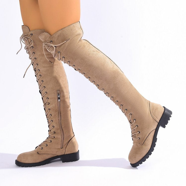 Damen  Overknee-Schnürstiefel mit seitlichem Reißverschluss, dekorativer Schnürung und profiliertem Gummisohle Nord Taschen