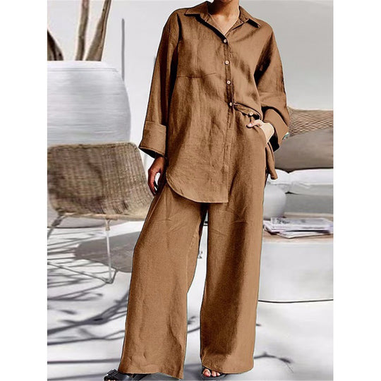 Damen Leinen-Lounge-Set mit weitem Hemd und Palazzo-Hose Nord Taschen