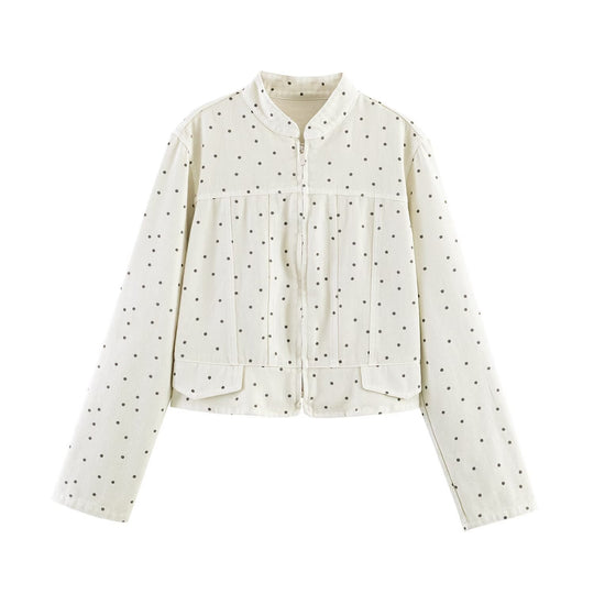 Damen Gepunktete Cropped-Jacke mit Stehkragen, Reißverschluss und aufgesetzten Taschen Nord Taschen
