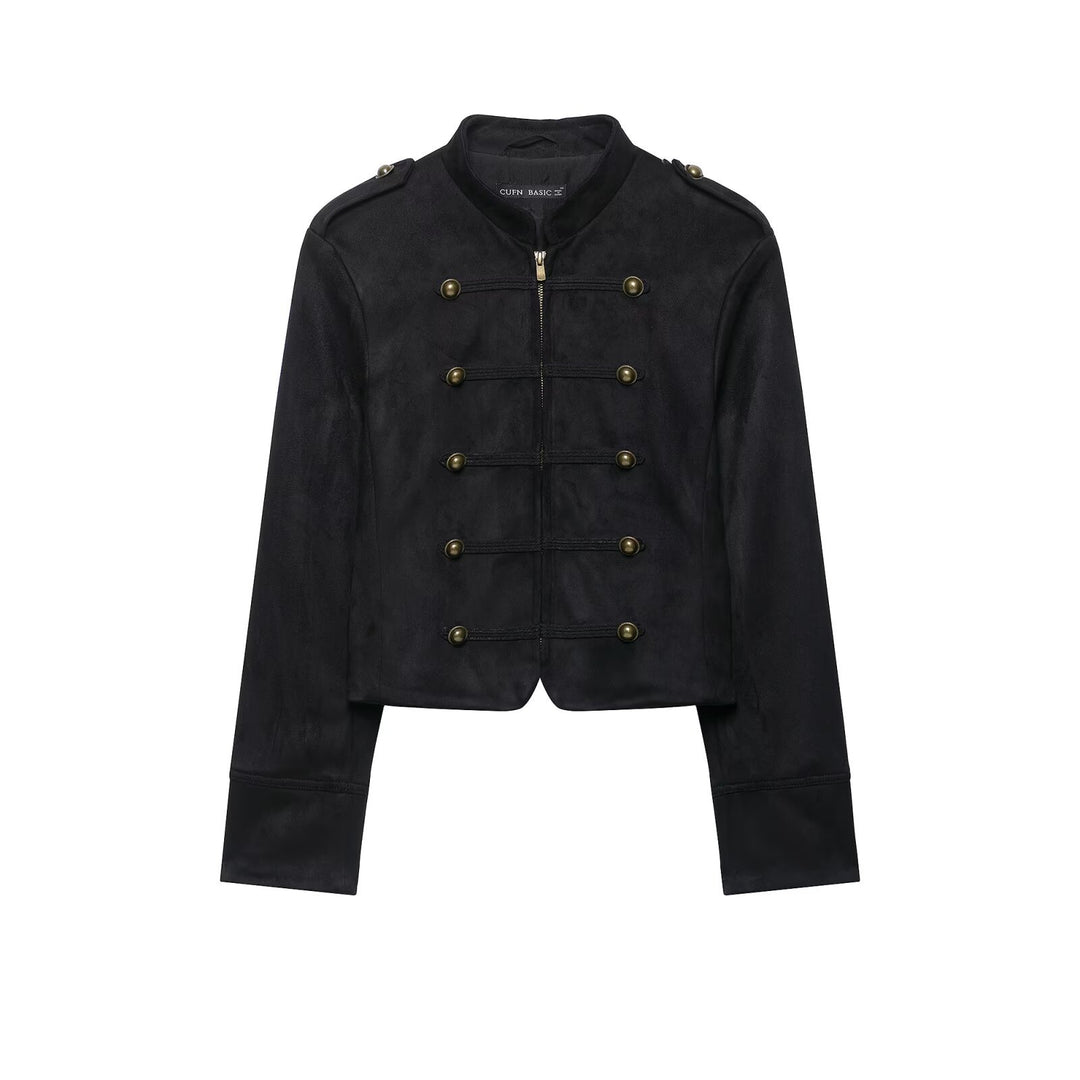 Damen Kurze Veloursjacke im Budapester‑Militärstil mit Stehkragen und dekorativen Metallknöpfen Nord Taschen