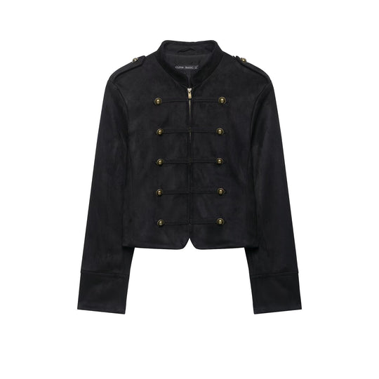 Damen Kurze Veloursjacke im Budapester‑Militärstil mit Stehkragen und dekorativen Metallknöpfen Nord Taschen