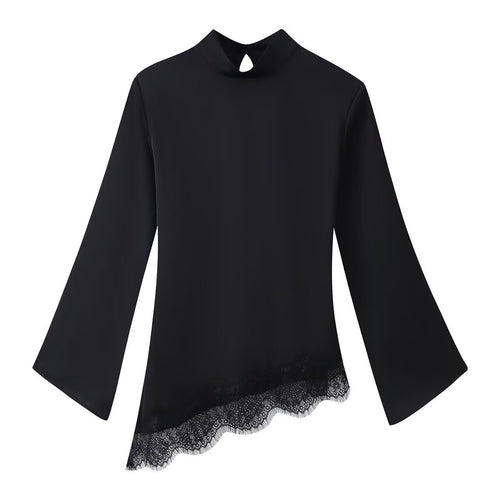 Damen Asymmetrisches Satin-Top mit Spitzenbesatz, Stehkragen und Glockenärmeln Nord Taschen