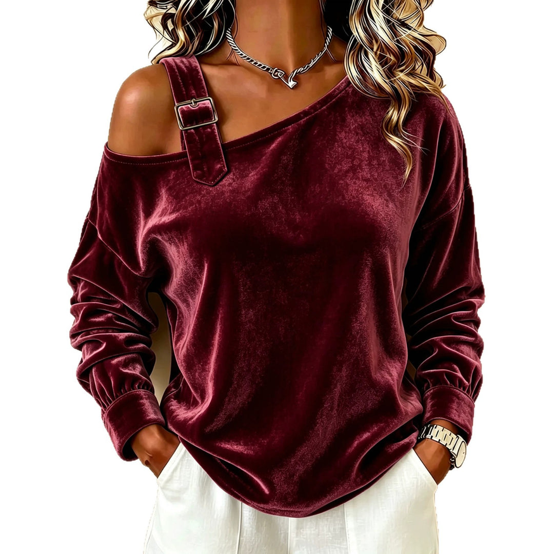 Damen Samt-Sweatshirt mit asymmetrischem Carmen-Ausschnitt und Zierschnalle Nord Taschen