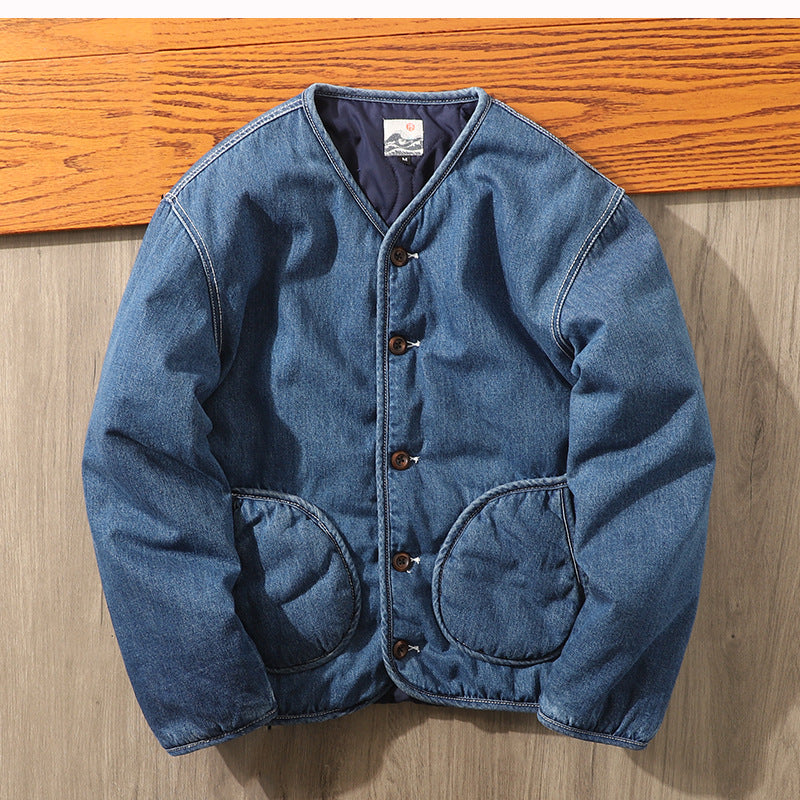 Herren Gefütterte Denim-Utility-Jacke ohne Kragen mit Knopfverschluss und runden Pattentaschen Nord Taschen