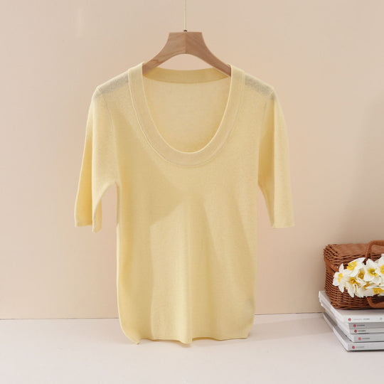 Damen Feines Feinstrick-Shirt mit tiefem Rundhals und dreiviertel Ärmeln Nord Taschen