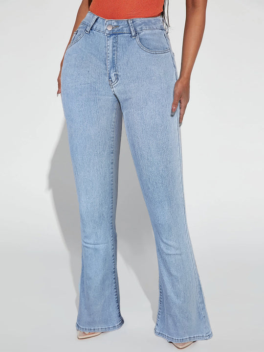 Damen hochgeschnittene schmal zulaufende ausgestellte Jeans mit taillenformendem Bund Nord Taschen