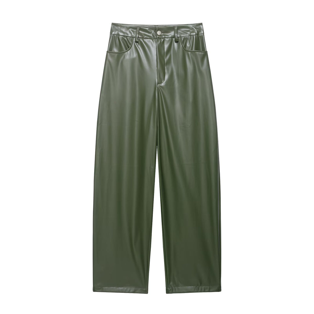 Damen Zweiteiliges PU-Leder-Ensemble mit Fieldjacke, Kordelzugtaillierung und High‑Waist Wide‑Leg Hose Nord Taschen