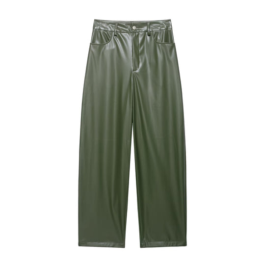 Damen Zweiteiliges PU-Leder-Ensemble mit Fieldjacke, Kordelzugtaillierung und High‑Waist Wide‑Leg Hose Nord Taschen