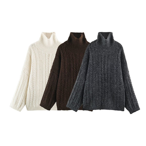 Damen Grobgestrickter Oversize-Pullover mit hohem Rollkragen und Zopfmuster Nord Taschen