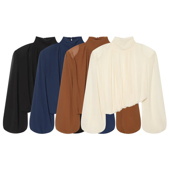 Damen Plissierte Bluse mit Stehkragen und Ballonärmeln Nord Taschen