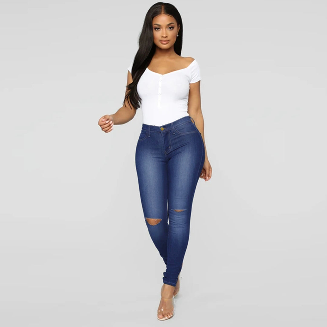 Damen High-Waist Skinny-Jeans mit Knie-Rissen und figurformendem Schnitt Nord Taschen