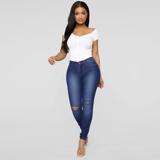 Damen High-Waist Skinny-Jeans mit Knie-Rissen und figurformendem Schnitt Nord Taschen