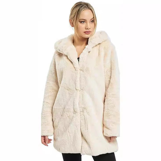 Damen Midilanger Kunstpelzmantel mit Kapuze, Teddy-Finish und verdeckter Knopfleiste Nord Taschen