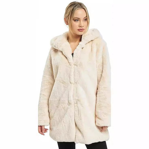 Damen Midilanger Kunstpelzmantel mit Kapuze, Teddy-Finish und verdeckter Knopfleiste Nord Taschen