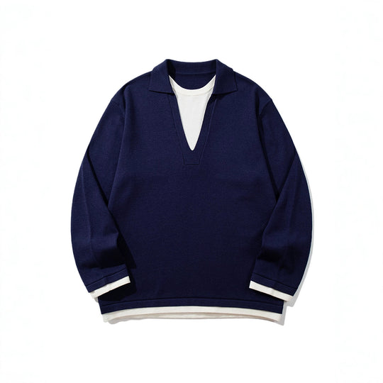 Unisex Lässiger Oversize Strickpullover mit tiefem V Einsatz und Hemd‑Layer Optik Nord Taschen