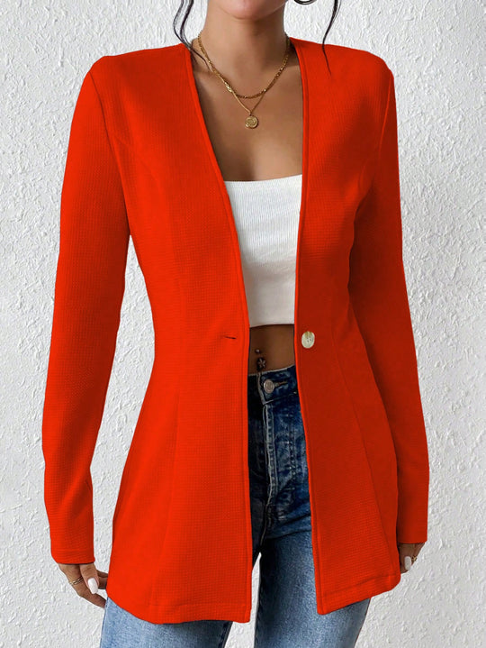 Damen Taillierter Longblazer mit V-Ausschnitt und Ein-Knopf-Verschluss Nord Taschen