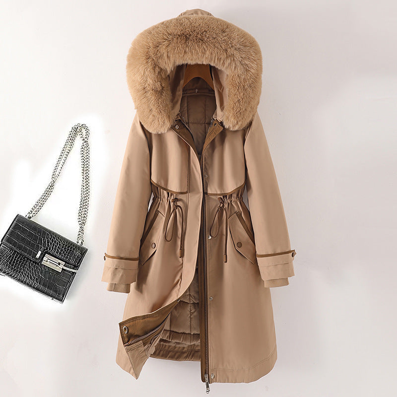 Damen nan langer Parka mit Kunstfellkapuze Taillenzug und kontrastierten Paspeln Nord Taschen