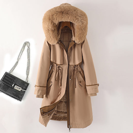 Damen nan langer Parka mit Kunstfellkapuze Taillenzug und kontrastierten Paspeln Nord Taschen