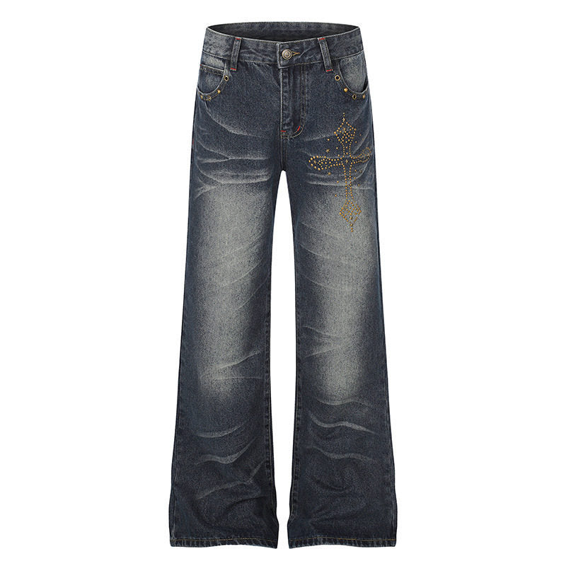 Damen Weite High‑Waist Palazzo-Jeans mit Zierstein‑Kreuzapplikation Nord Taschen