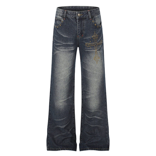 Damen Weite High‑Waist Palazzo-Jeans mit Zierstein‑Kreuzapplikation Nord Taschen