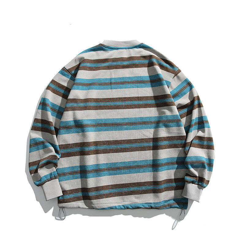 Herren Oversized Gestreiftes Sweatshirt mit Kordelzugsaum und Rundhals Nord Taschen