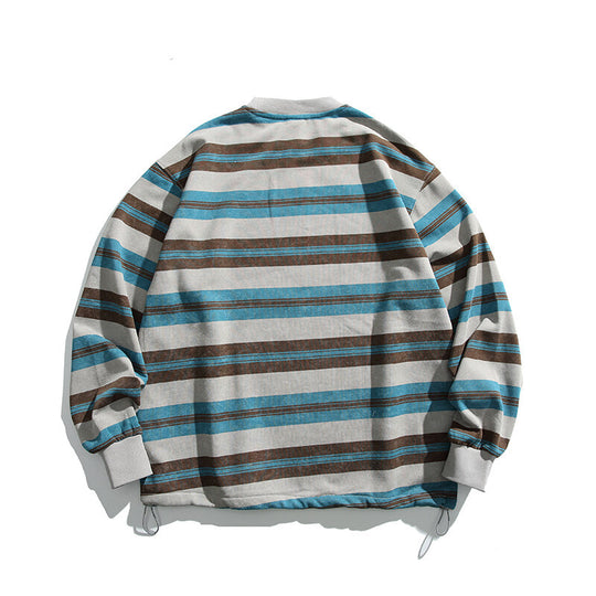 Herren Oversized Gestreiftes Sweatshirt mit Kordelzugsaum und Rundhals Nord Taschen