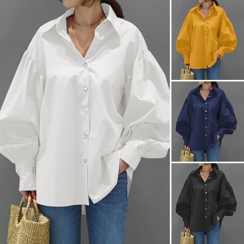 Damen Oversize-Bluse mit Ballonärmeln und Hemdkragen Nord Taschen