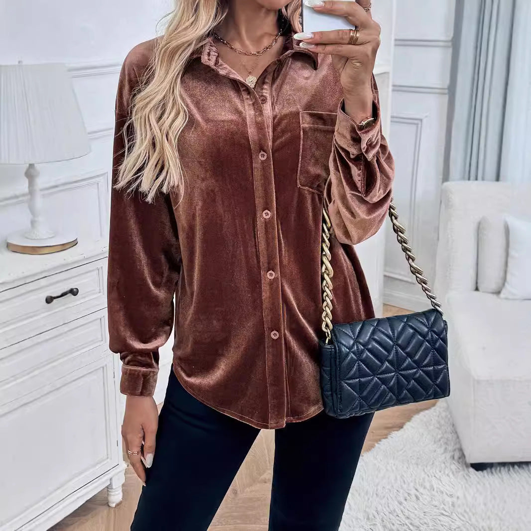 Damen Velours-Hemdbluse mit Brusttasche und klassischem Kragen Nord Taschen