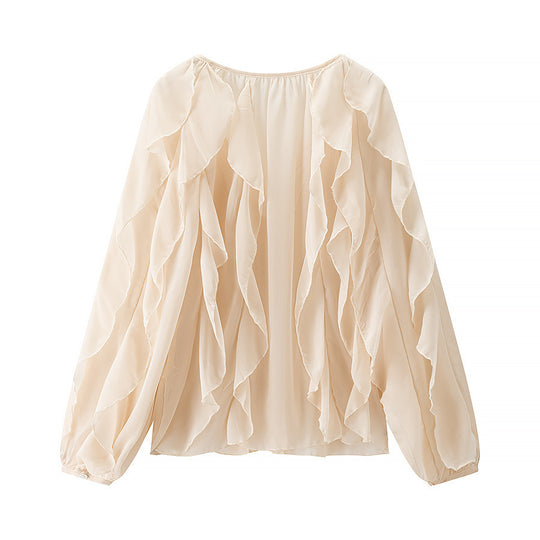 Damen Voluminöse Chiffonbluse mit mehrlagigen Volants und Knopfverschluss Nord Taschen