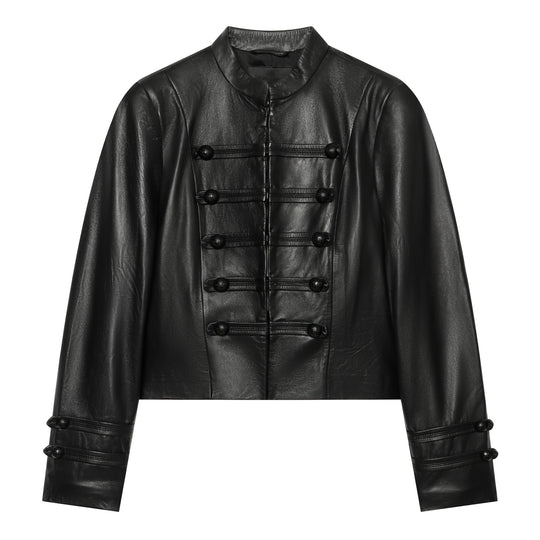 Damen Cropped Kunstlederjacke im Mandarin Militärestik mit Zierkordeln und Stehkragen Nord Taschen