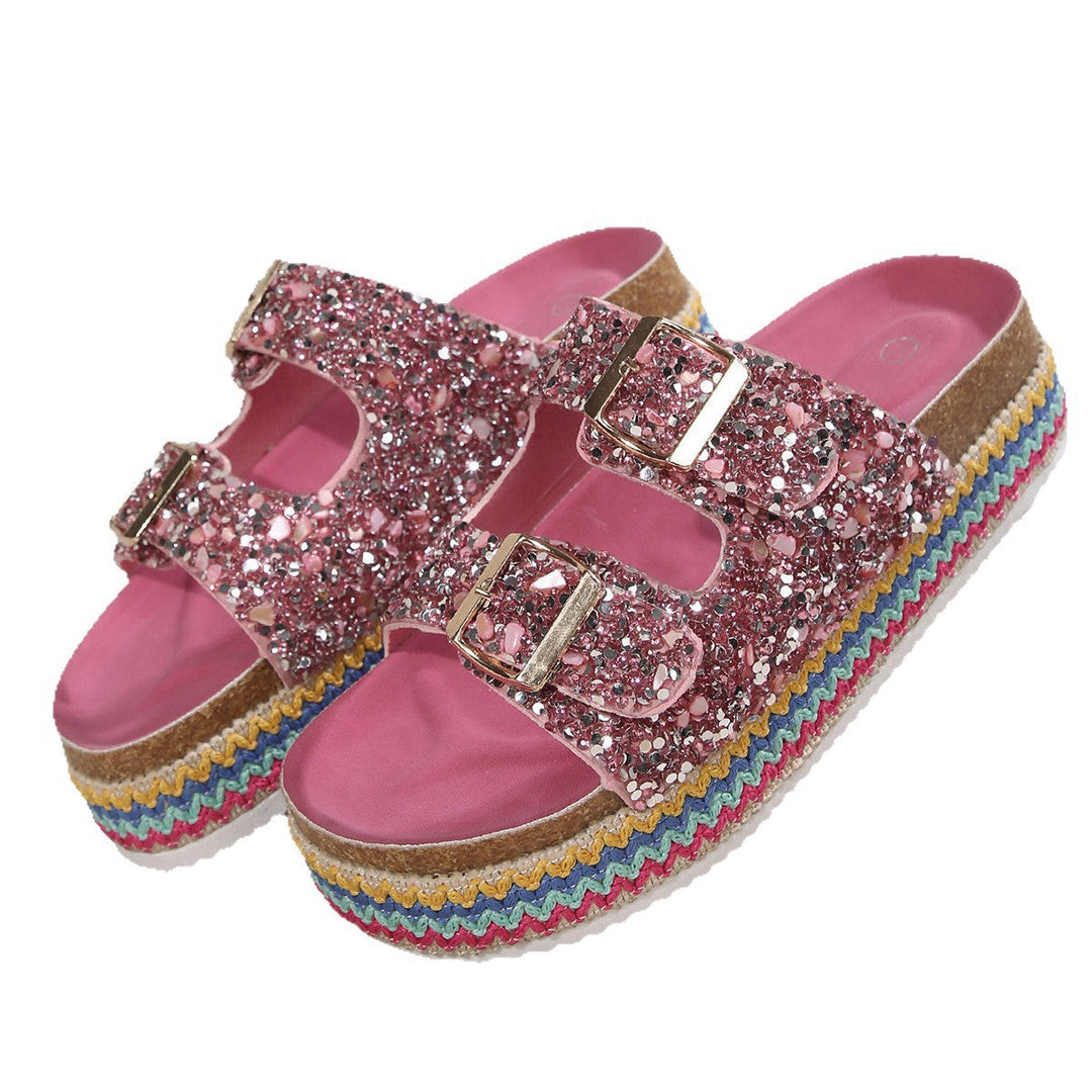 Damen Glitzernde Plateau-Sandalen mit Doppelschnalle und mehrfarbigem Boden