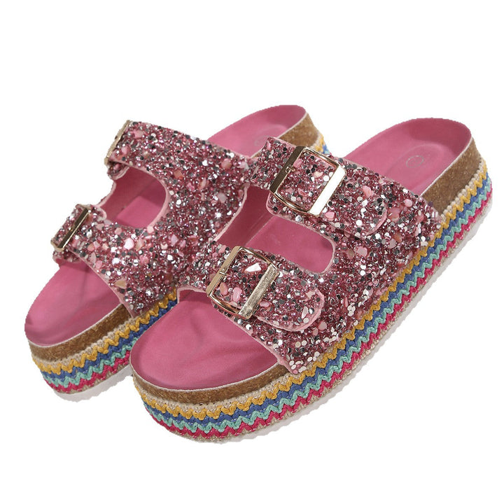 Damen Glitzernde Plateau-Sandalen mit Doppelschnalle und mehrfarbigem Boden