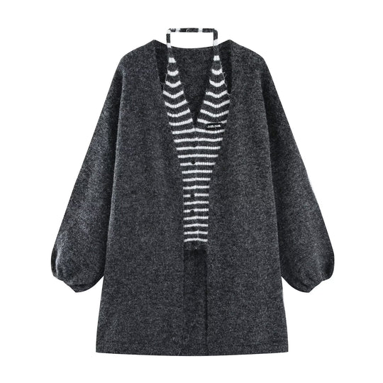 Damen Oversize Strickcardigan mit Ballonärmeln und gestreifter Einfass-Knopfleiste Nord Taschen