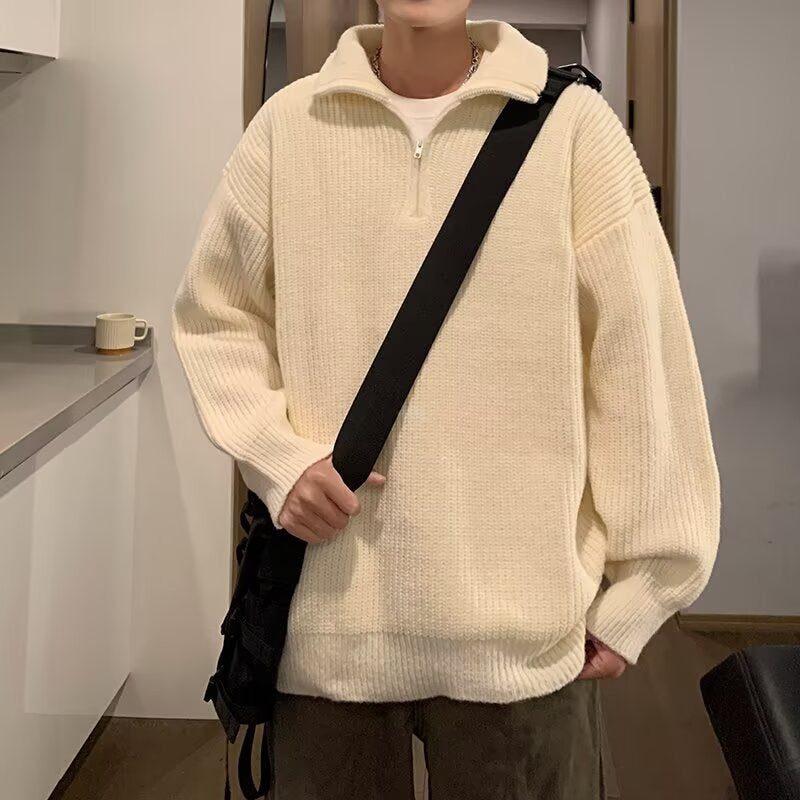 Herren Weicher Oversize-Rippenstrick-Pullover mit verdecktem Halbzip und Polokragen Nord Taschen