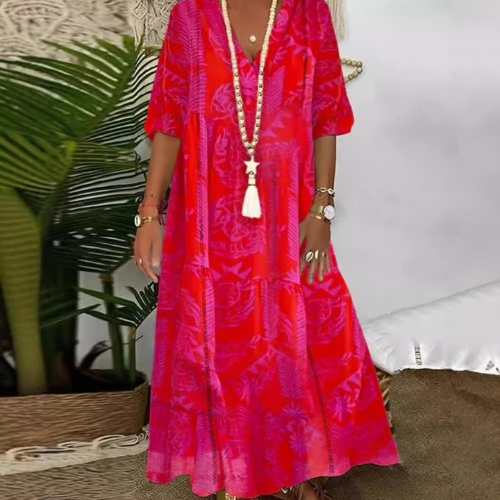 Damen nan Boho-Langkleid mit tiefem V-Ausschnitt, Stufenschnitt und legerer Oversize-Passform
