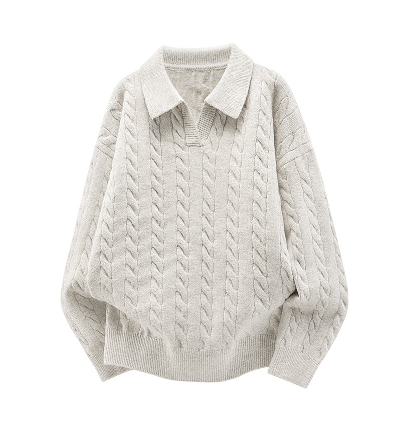 Damen Oversize Kabelstrick-Polo-Pullover mit V‑Ausschnitt und geripptem Saum Nord Taschen