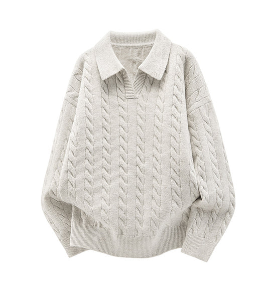 Damen Oversize Kabelstrick-Polo-Pullover mit V‑Ausschnitt und geripptem Saum Nord Taschen