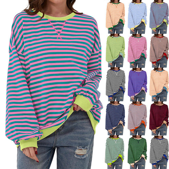 Damen lässiger Oversized Sweatshirt mit bunten Streifen und Kapuzenkordel