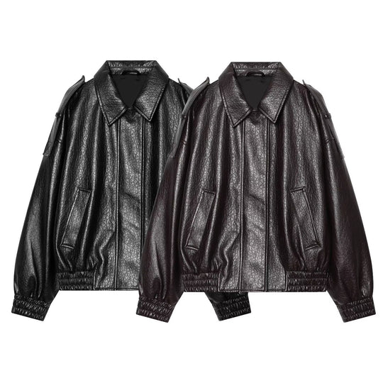 Damen Oversized Kunstleder-Bomberjacke mit Schulterklappen und gerafftem Saum Nord Taschen