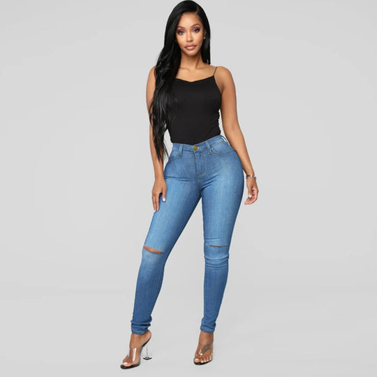 Damen High-Waist Skinny-Jeans mit Knie-Rissen und figurformendem Schnitt Nord Taschen