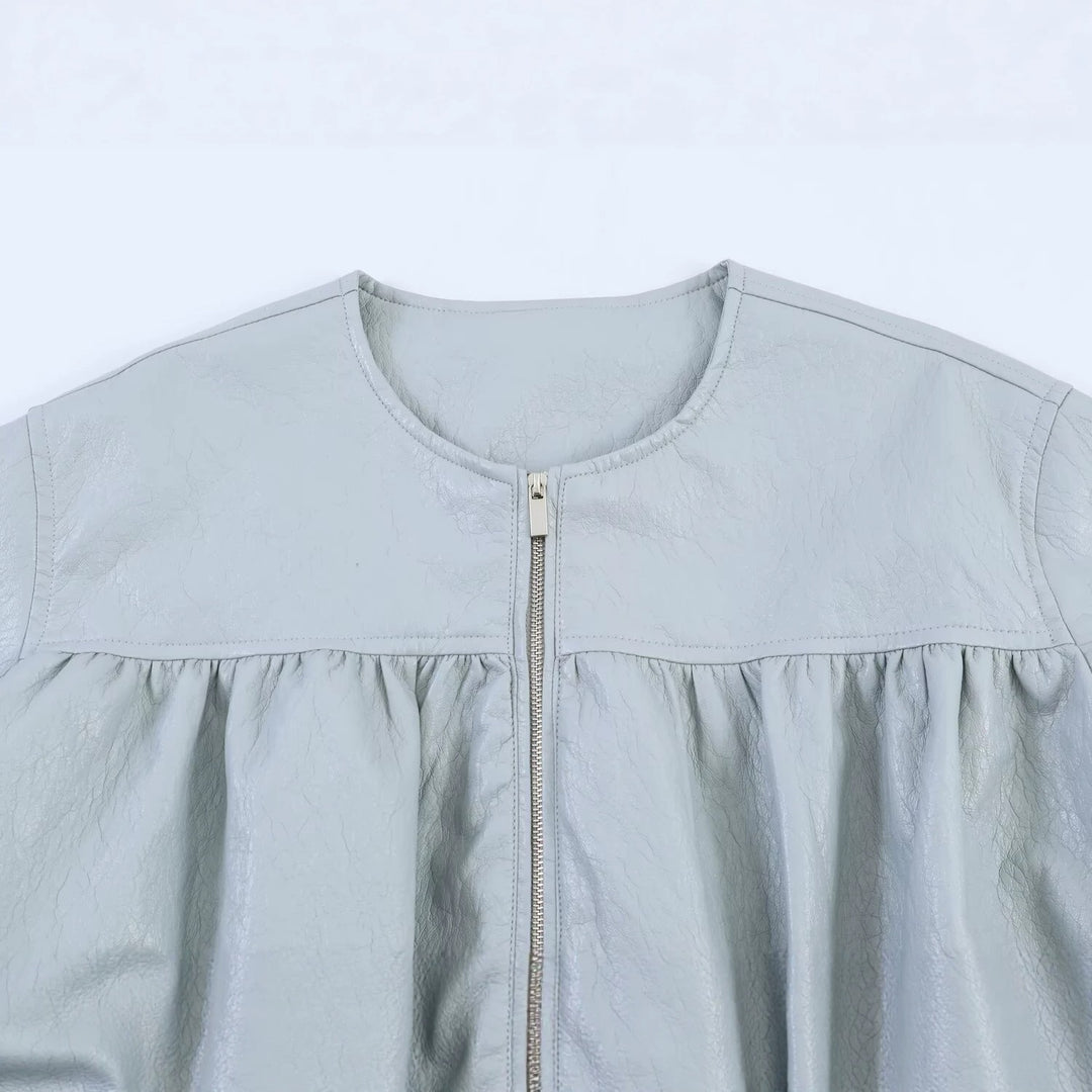Damen Oversize-Kunstlederjacke mit Rundhals, geraffter Passe und Ballonärmeln Nord Taschen