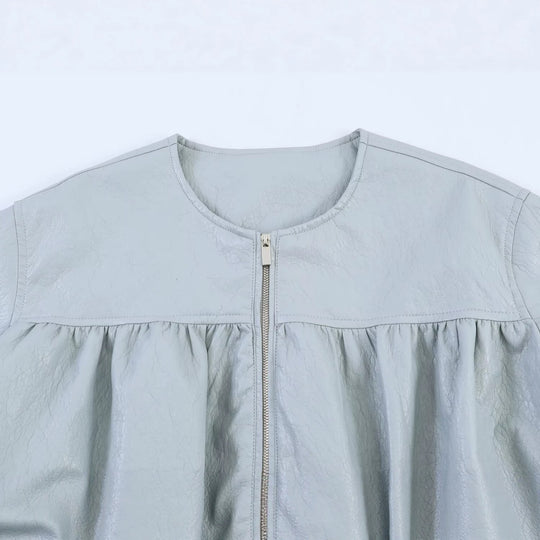 Damen Oversize-Kunstlederjacke mit Rundhals, geraffter Passe und Ballonärmeln Nord Taschen
